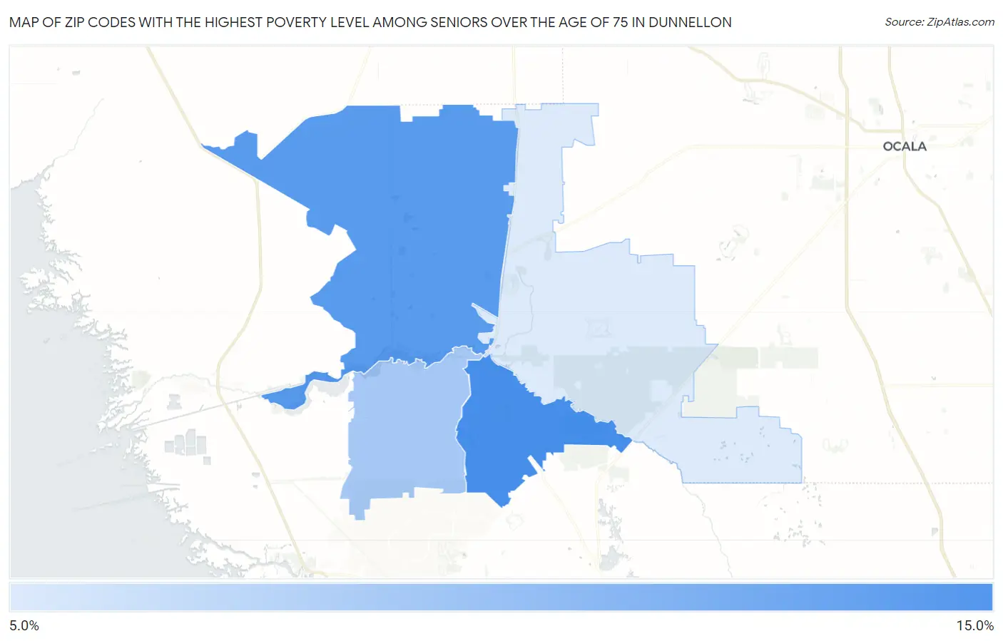 Zip Codes with the Highest Poverty Level Among Seniors Over the Age of 75 in Dunnellon Map