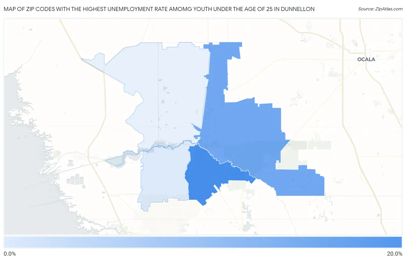 Zip Codes with the Highest Unemployment Rate Amomg Youth Under the Age of 25 in Dunnellon Map