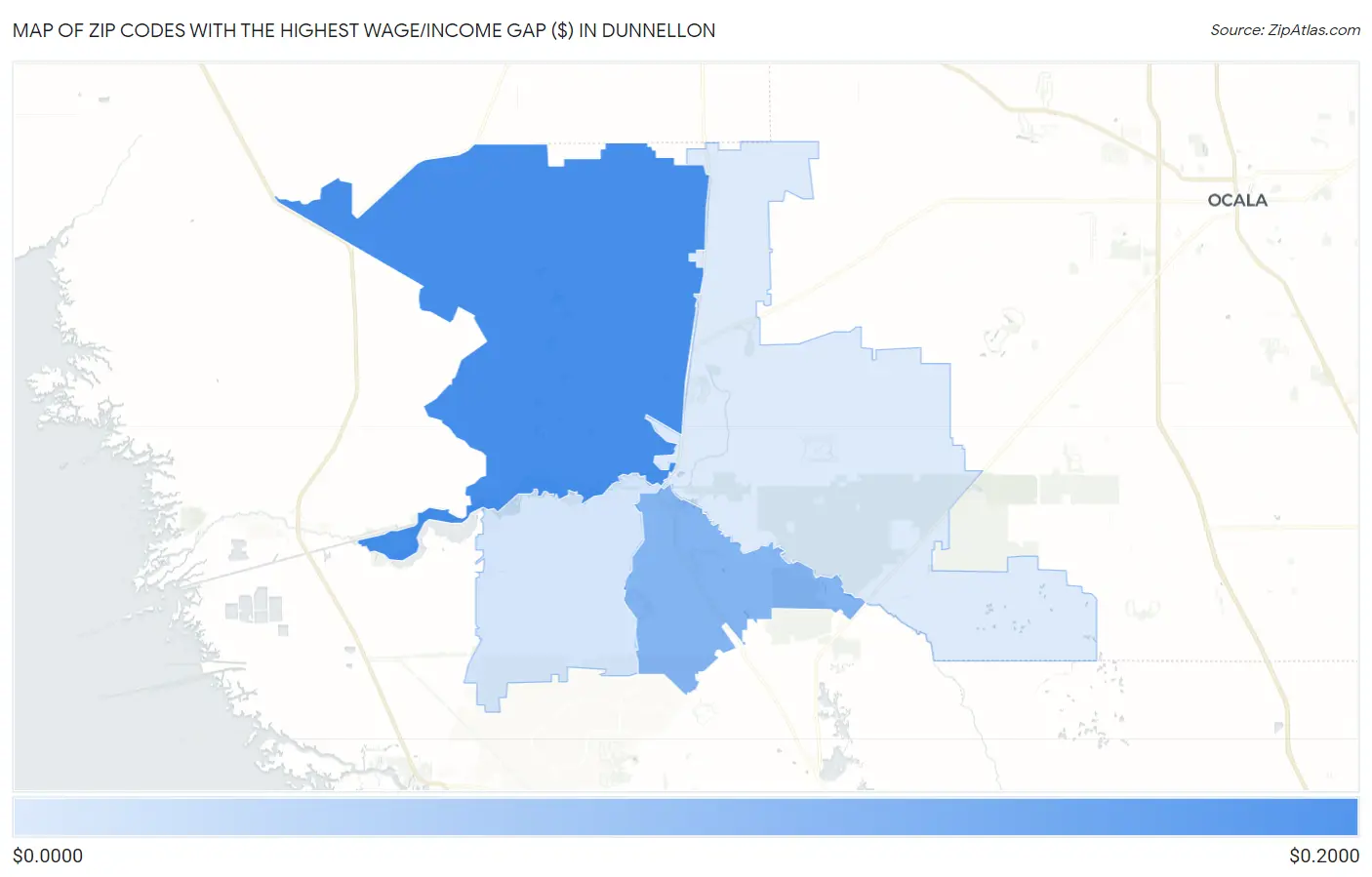 Zip Codes with the Highest Wage/Income Gap ($) in Dunnellon Map