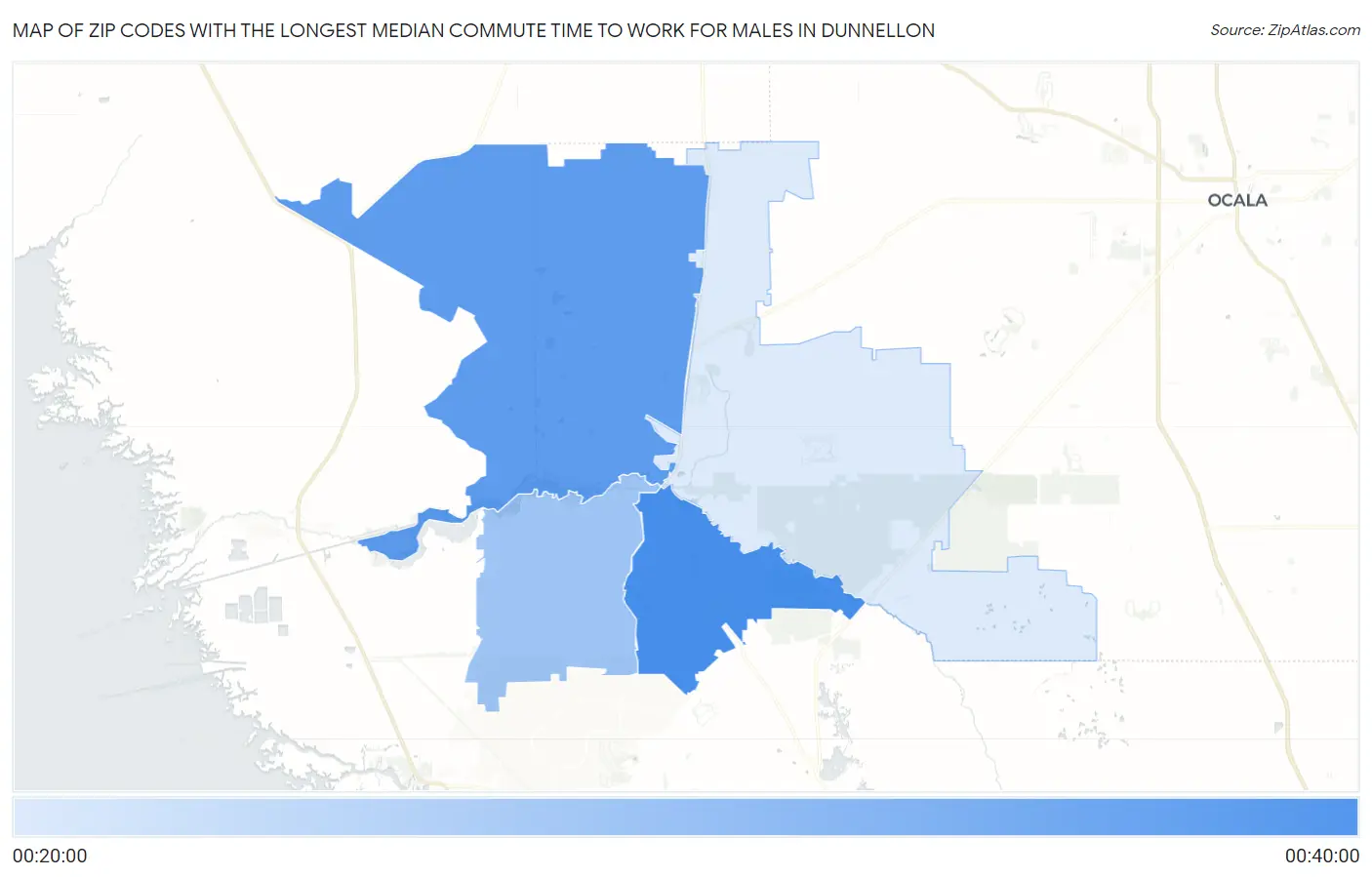 Zip Codes with the Longest Median Commute Time to Work for Males in Dunnellon Map