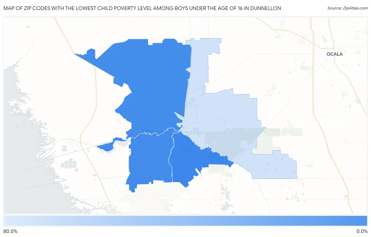 Zip Codes with the Lowest Child Poverty Level Among Boys Under the Age of 16 in Dunnellon Map