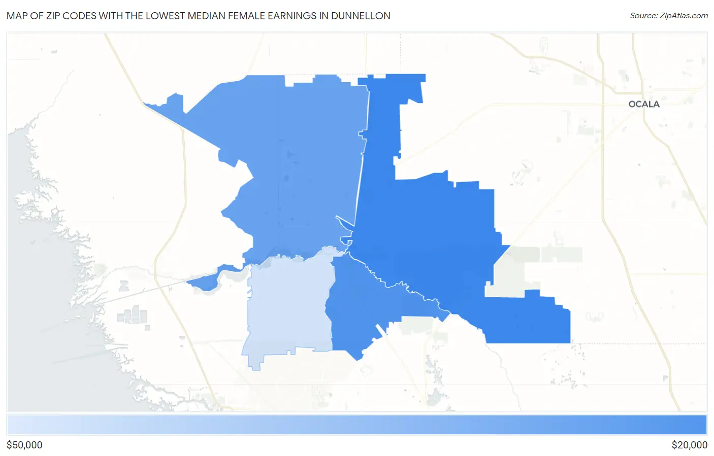 Zip Codes with the Lowest Median Female Earnings in Dunnellon Map
