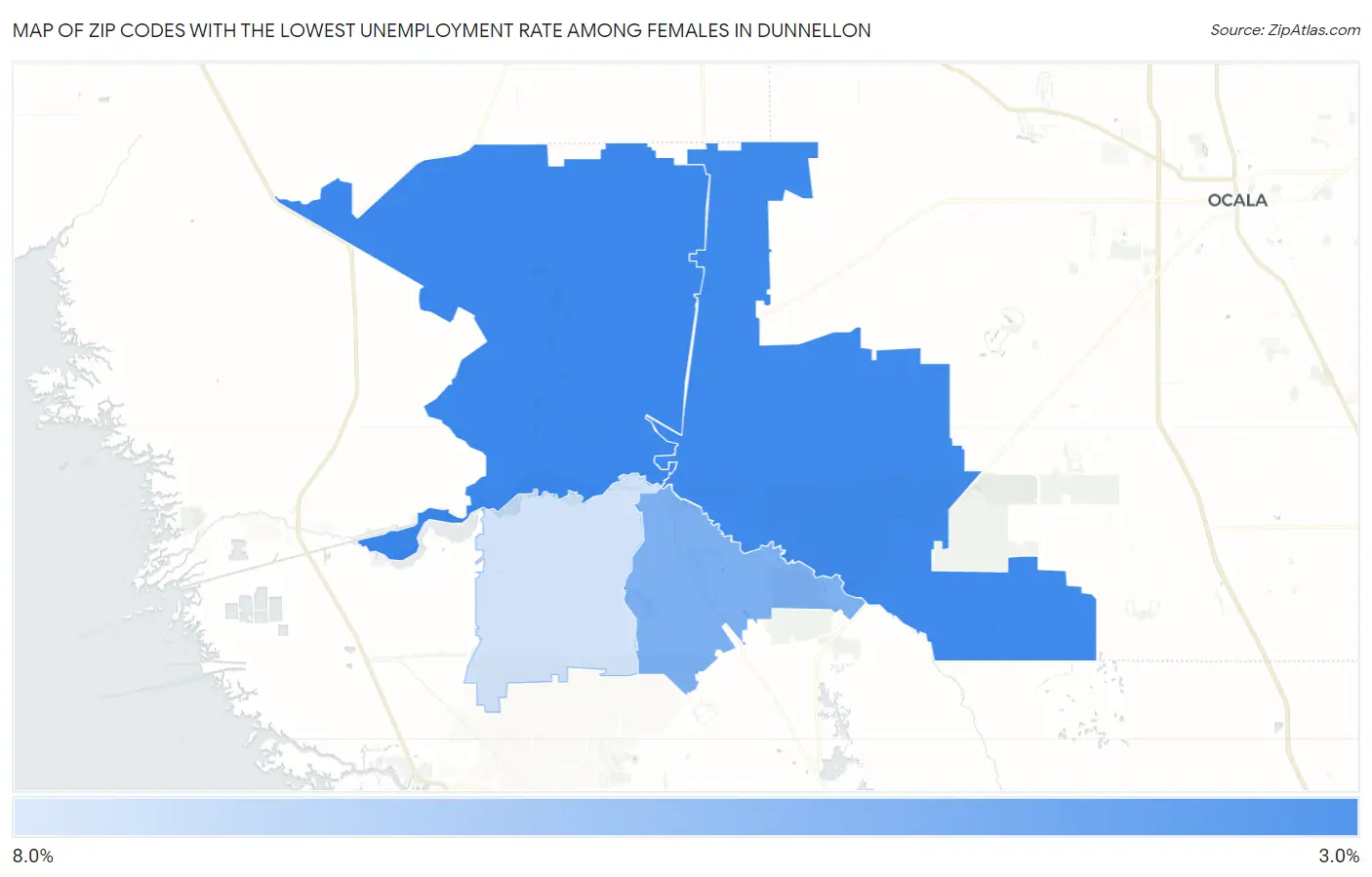 Zip Codes with the Lowest Unemployment Rate Among Females in Dunnellon Map