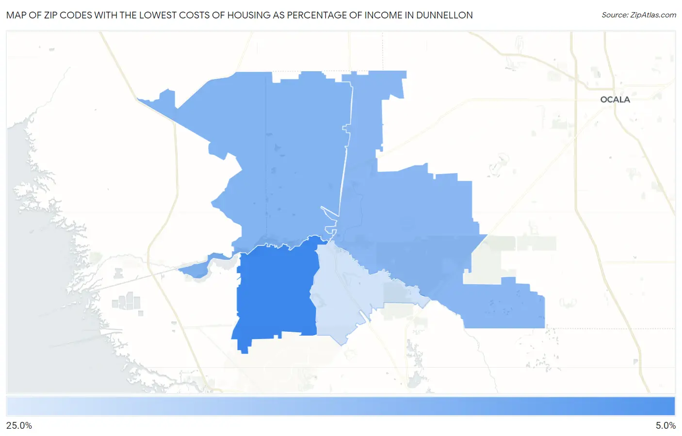 Zip Codes with the Lowest Costs of Housing as Percentage of Income in Dunnellon Map