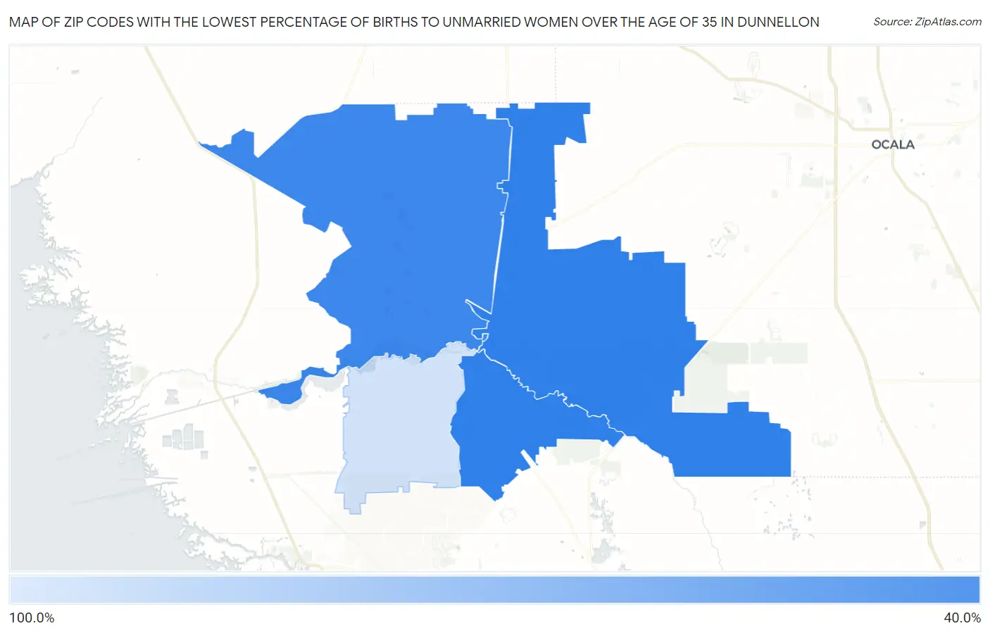 Zip Codes with the Lowest Percentage of Births to Unmarried Women over the Age of 35 in Dunnellon Map