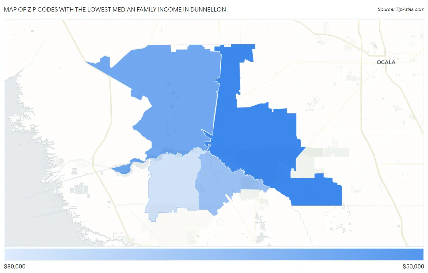 Zip Codes with the Lowest Median Family Income in Dunnellon Map