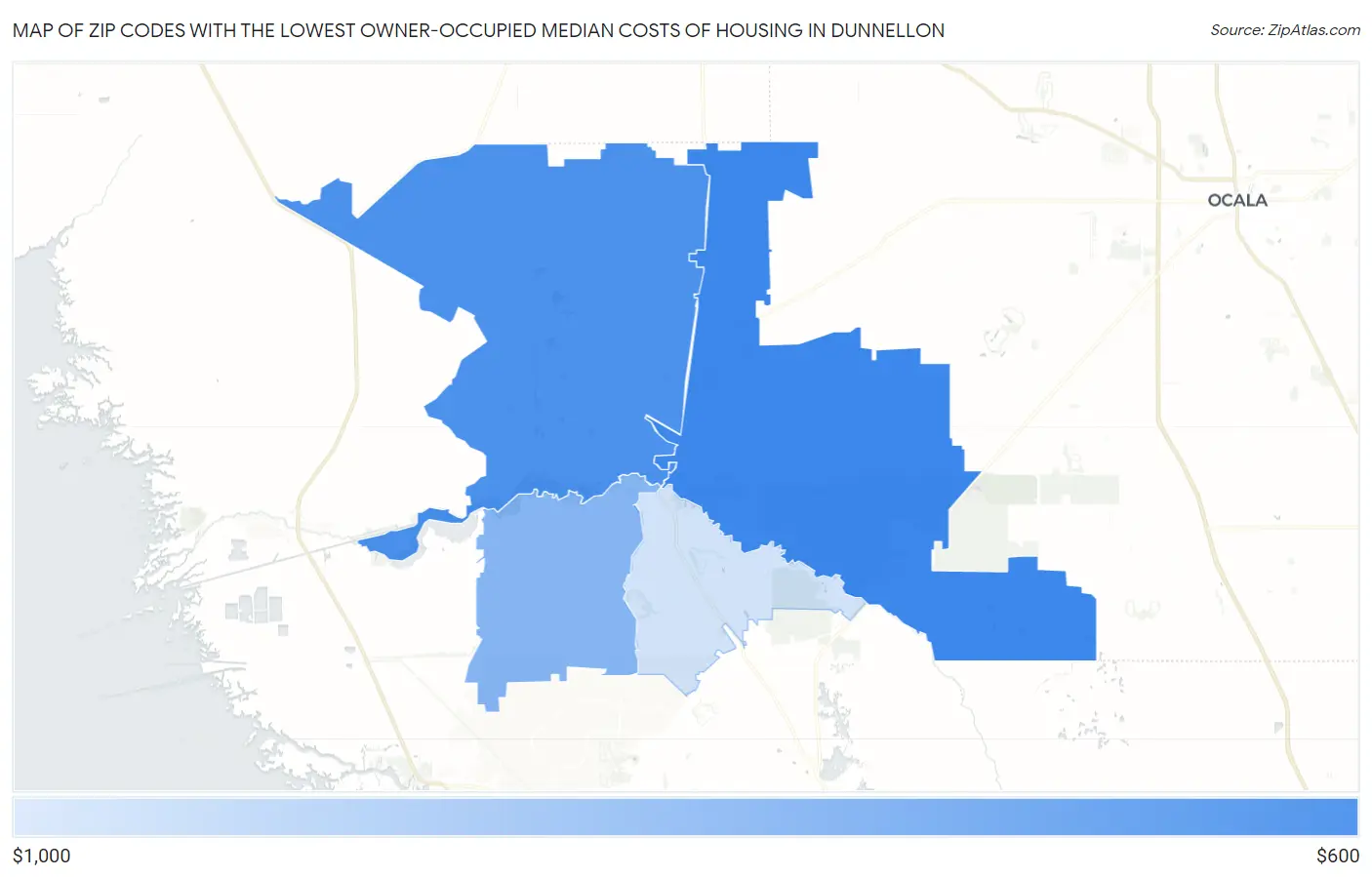 Zip Codes with the Lowest Owner-Occupied Median Costs of Housing in Dunnellon Map