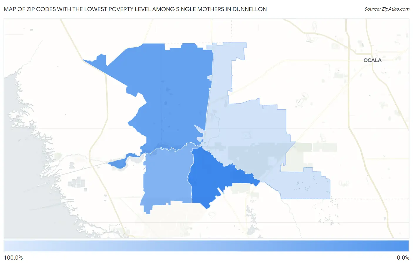 Zip Codes with the Lowest Poverty Level Among Single Mothers in Dunnellon Map