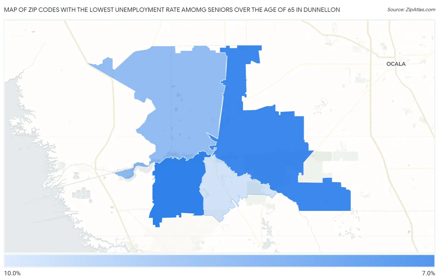 Zip Codes with the Lowest Unemployment Rate Amomg Seniors Over the Age of 65 in Dunnellon Map