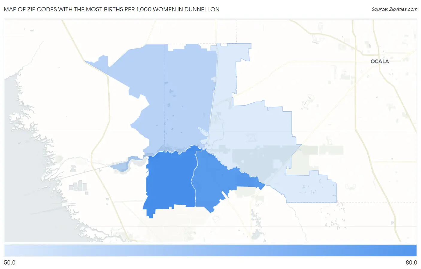 Zip Codes with the Most Births per 1,000 Women in Dunnellon Map