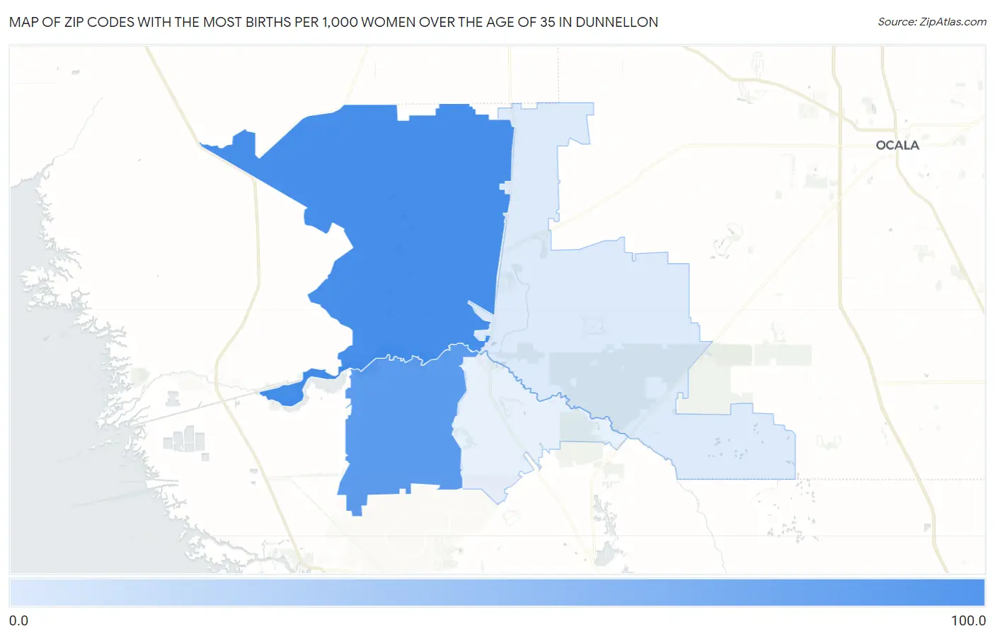 Zip Codes with the Most Births per 1,000 Women Over the Age of 35 in Dunnellon Map