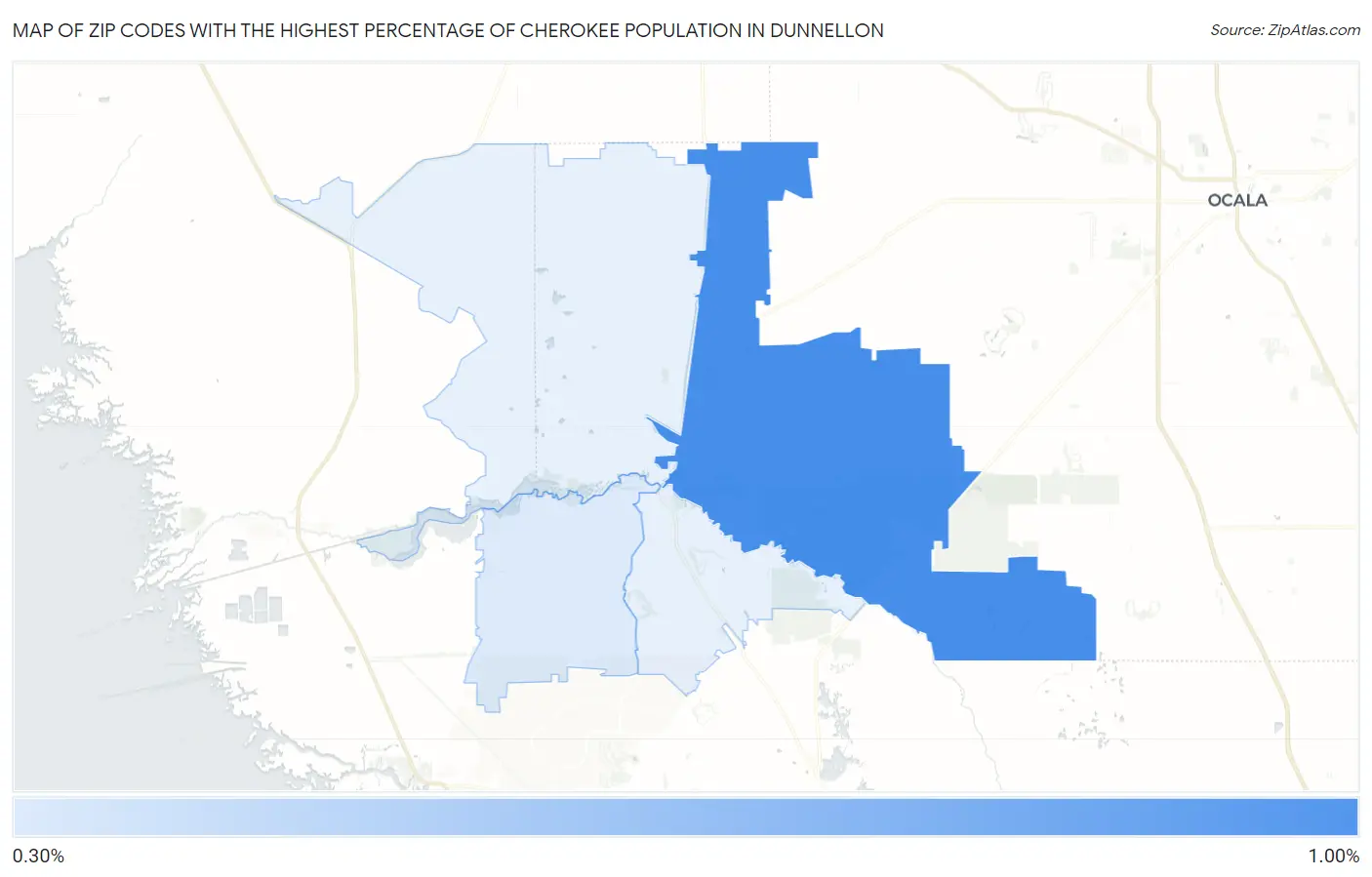 Zip Codes with the Highest Percentage of Cherokee Population in Dunnellon Map