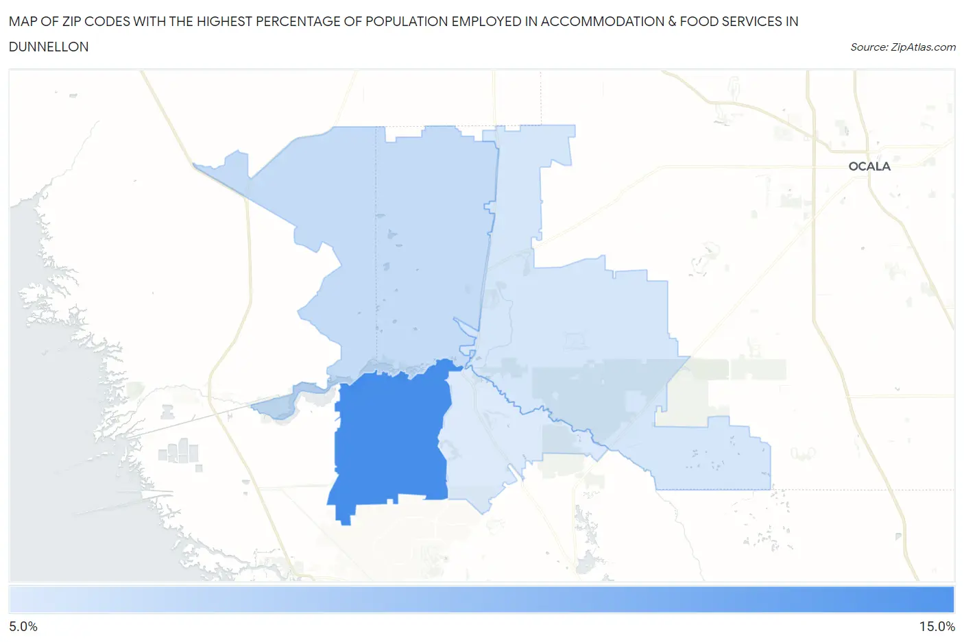 Zip Codes with the Highest Percentage of Population Employed in Accommodation & Food Services in Dunnellon Map