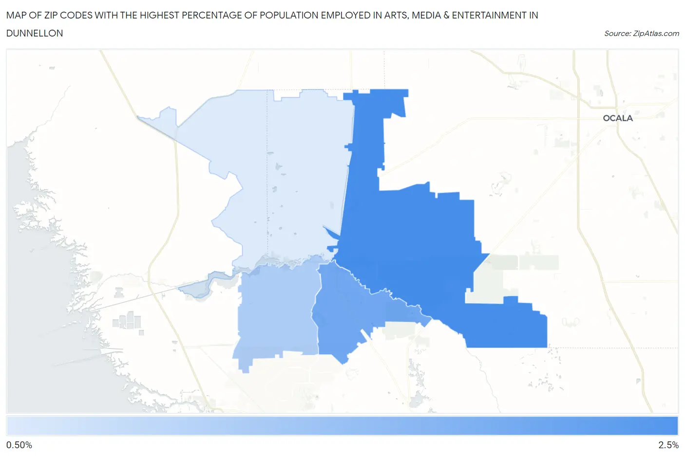 Zip Codes with the Highest Percentage of Population Employed in Arts, Media & Entertainment in Dunnellon Map