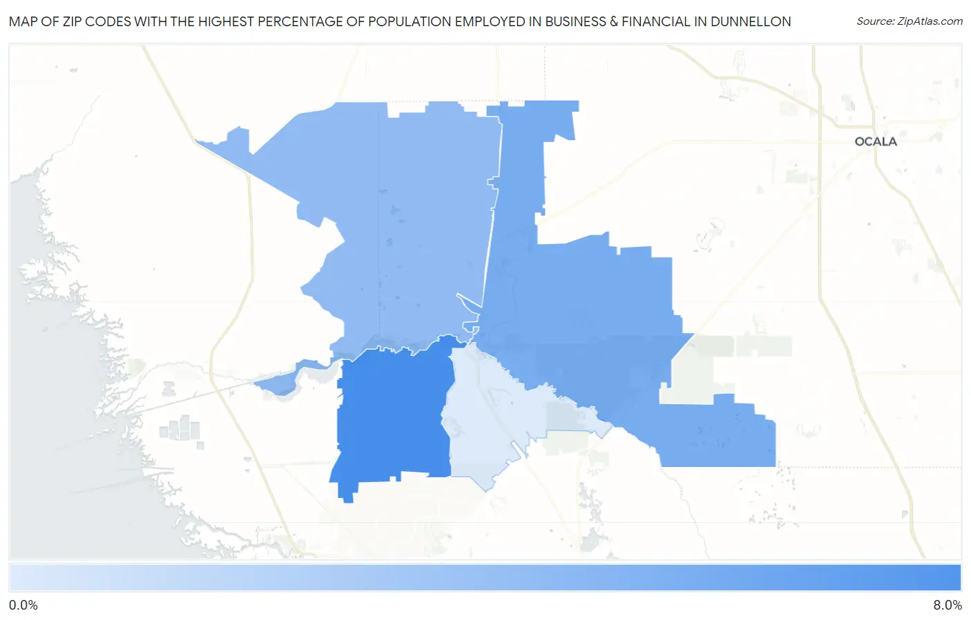 Zip Codes with the Highest Percentage of Population Employed in Business & Financial in Dunnellon Map