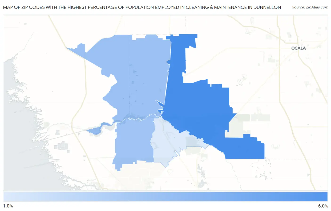 Zip Codes with the Highest Percentage of Population Employed in Cleaning & Maintenance in Dunnellon Map