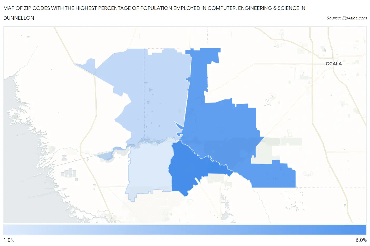 Zip Codes with the Highest Percentage of Population Employed in Computer, Engineering & Science in Dunnellon Map