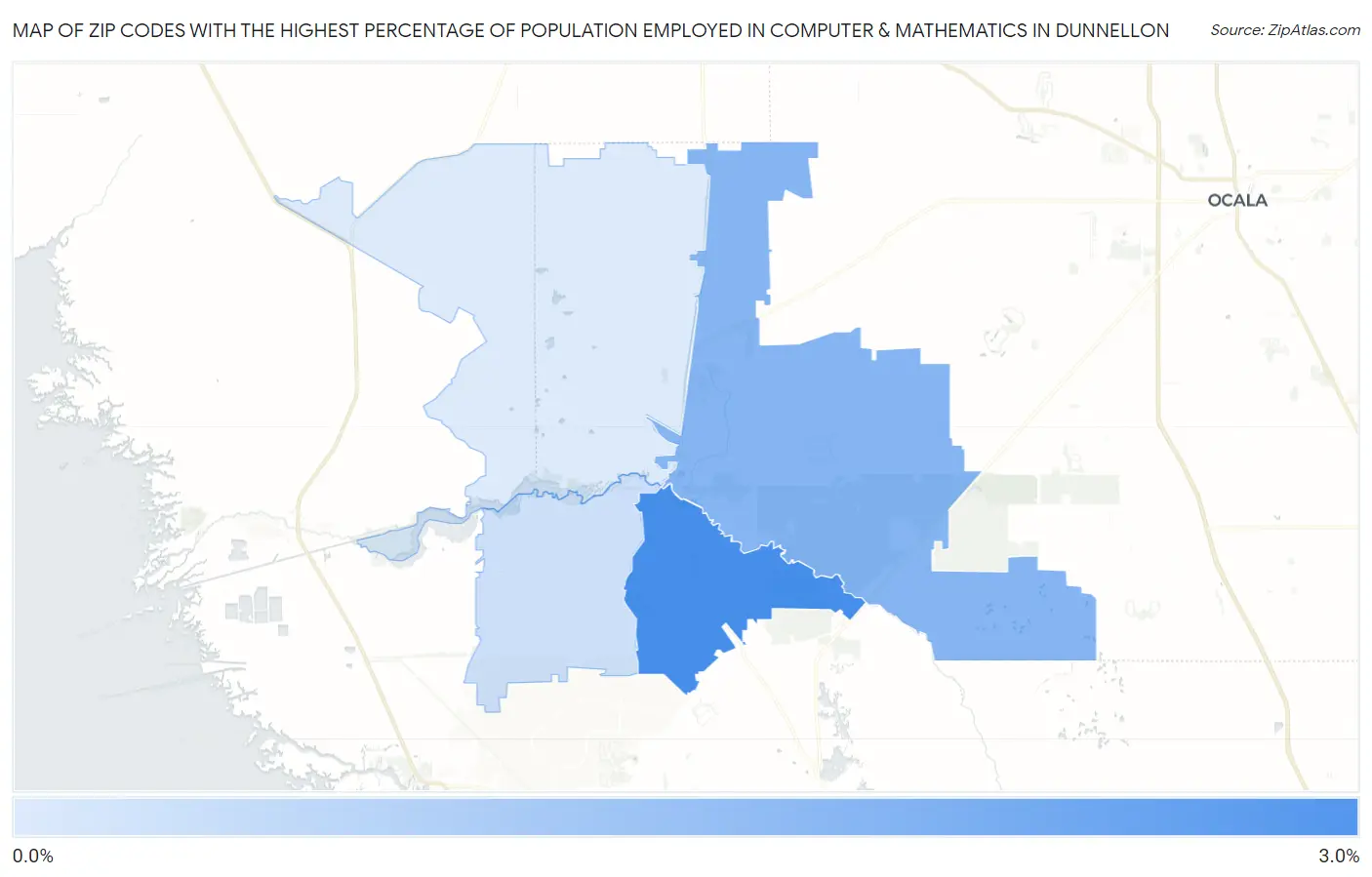 Zip Codes with the Highest Percentage of Population Employed in Computer & Mathematics in Dunnellon Map