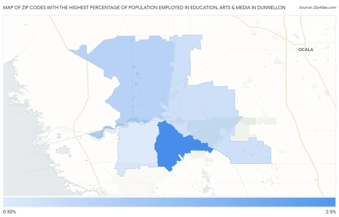 Zip Codes with the Highest Percentage of Population Employed in Education, Arts & Media in Dunnellon Map