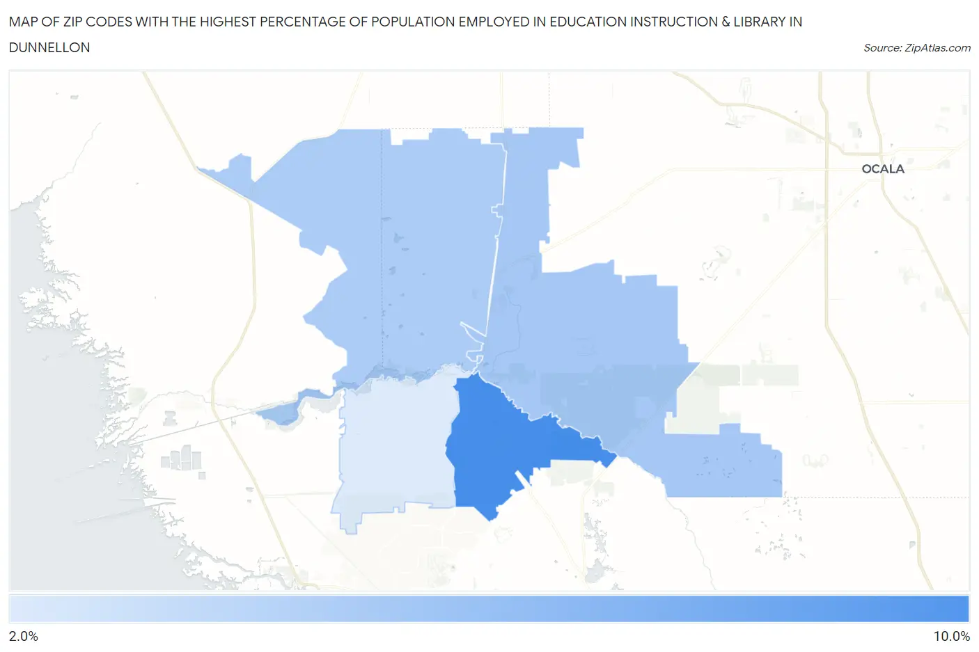 Zip Codes with the Highest Percentage of Population Employed in Education Instruction & Library in Dunnellon Map