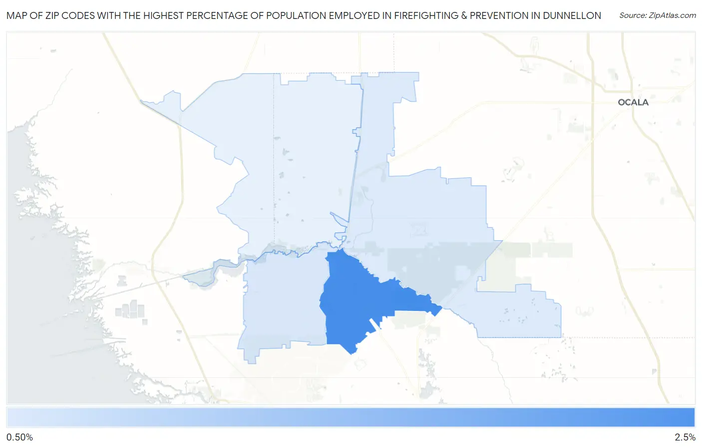 Zip Codes with the Highest Percentage of Population Employed in Firefighting & Prevention in Dunnellon Map