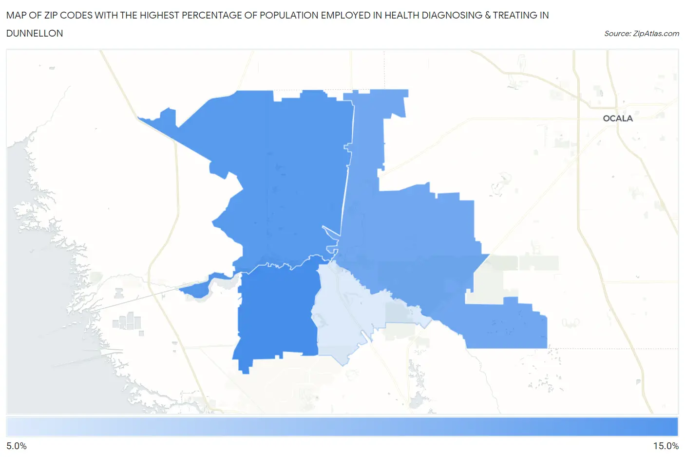 Zip Codes with the Highest Percentage of Population Employed in Health Diagnosing & Treating in Dunnellon Map
