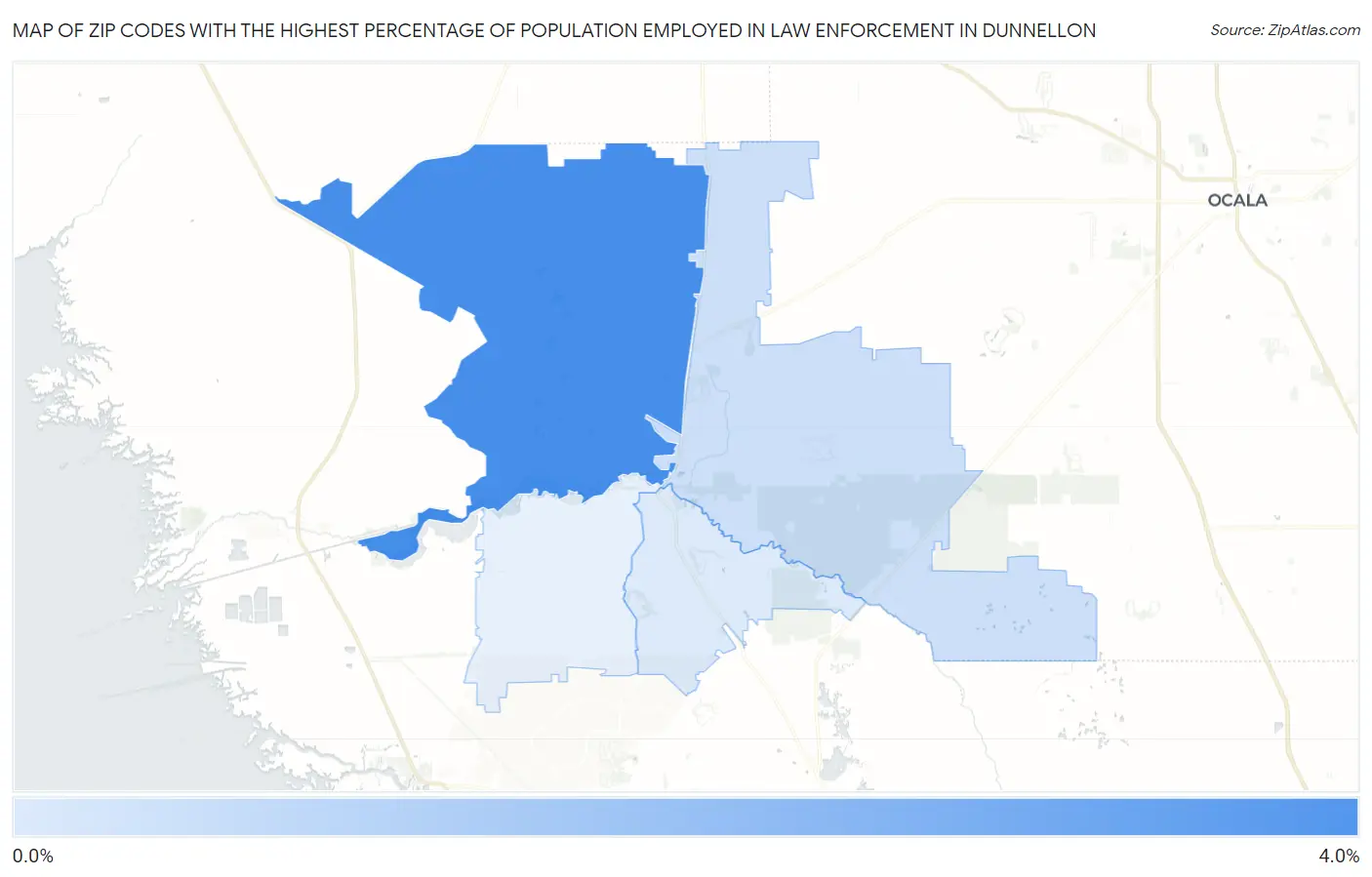 Zip Codes with the Highest Percentage of Population Employed in Law Enforcement in Dunnellon Map