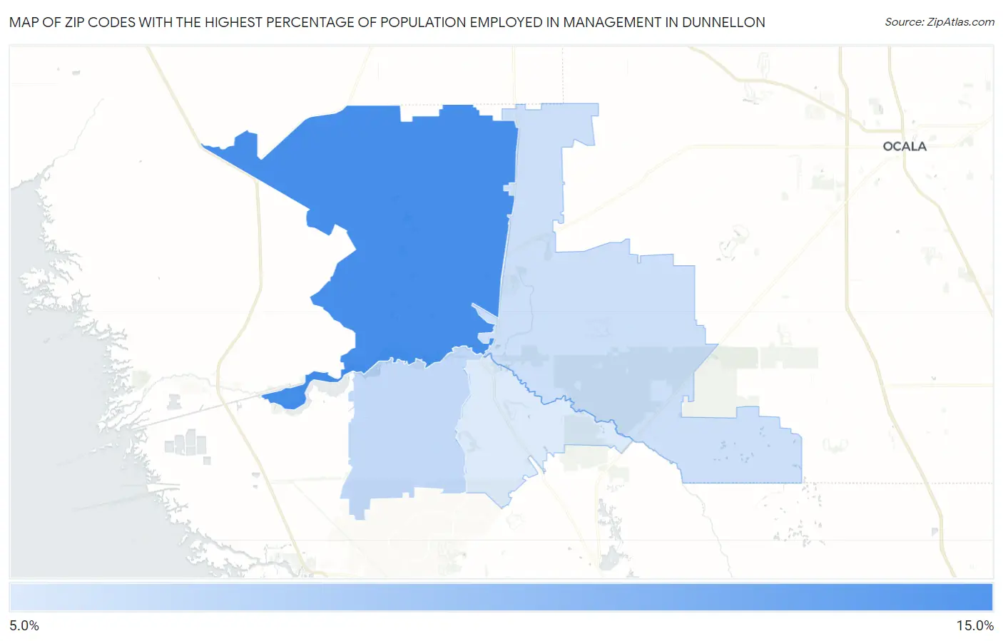 Zip Codes with the Highest Percentage of Population Employed in Management in Dunnellon Map