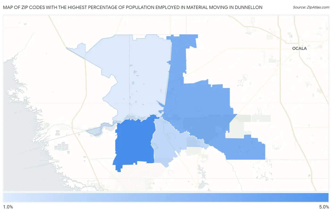 Zip Codes with the Highest Percentage of Population Employed in Material Moving in Dunnellon Map