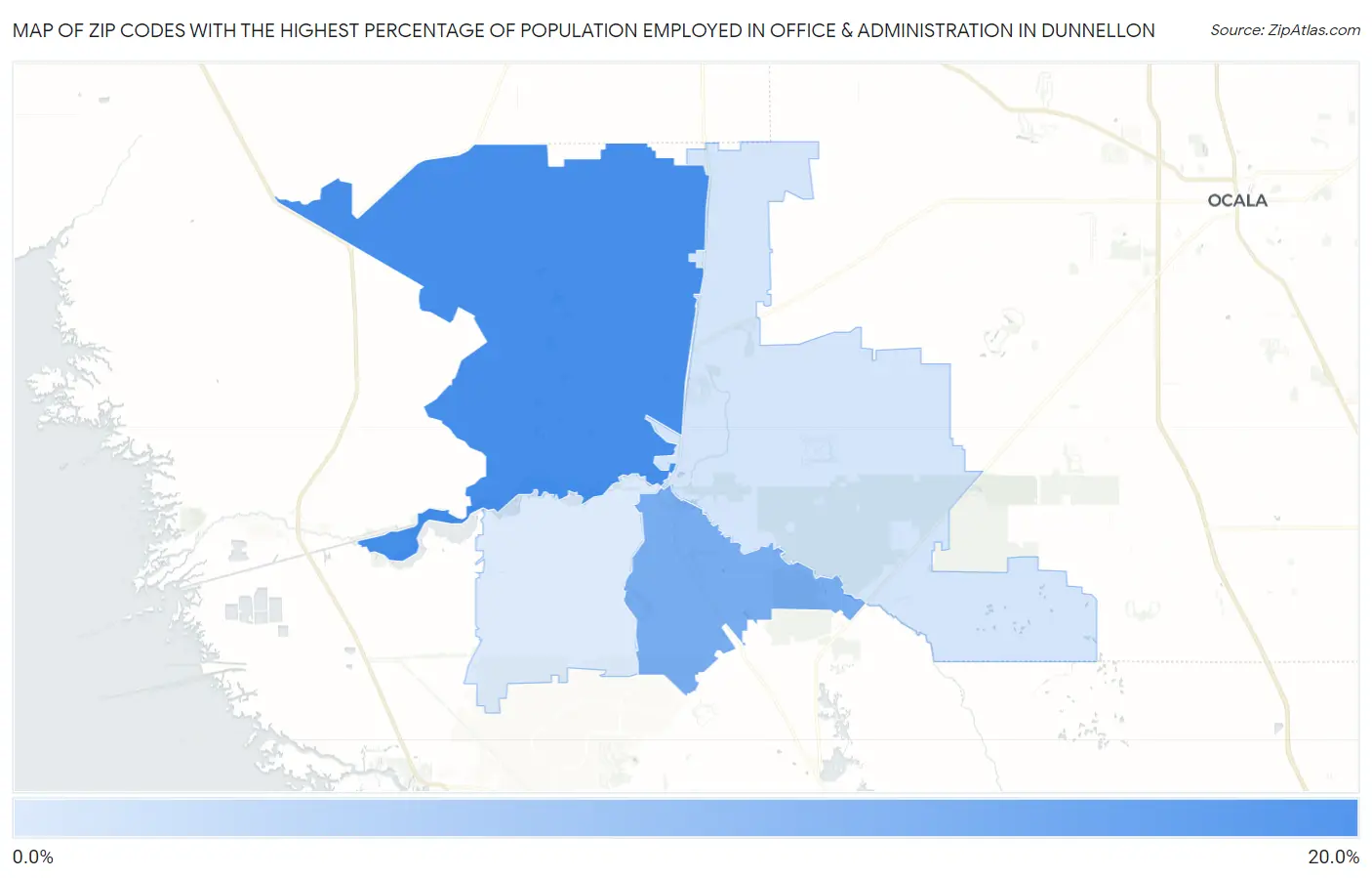Zip Codes with the Highest Percentage of Population Employed in Office & Administration in Dunnellon Map