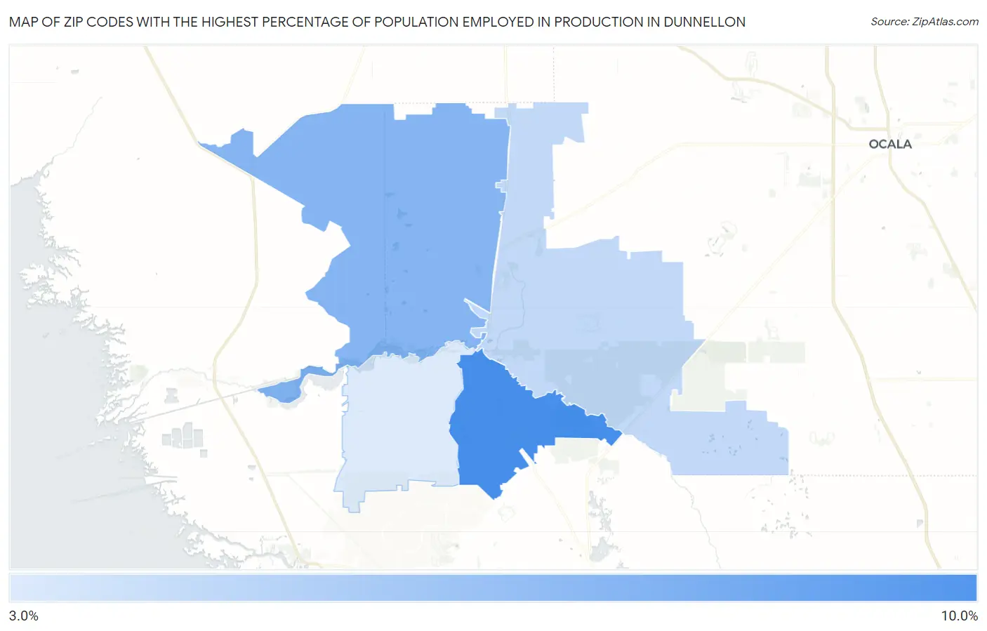 Zip Codes with the Highest Percentage of Population Employed in Production in Dunnellon Map