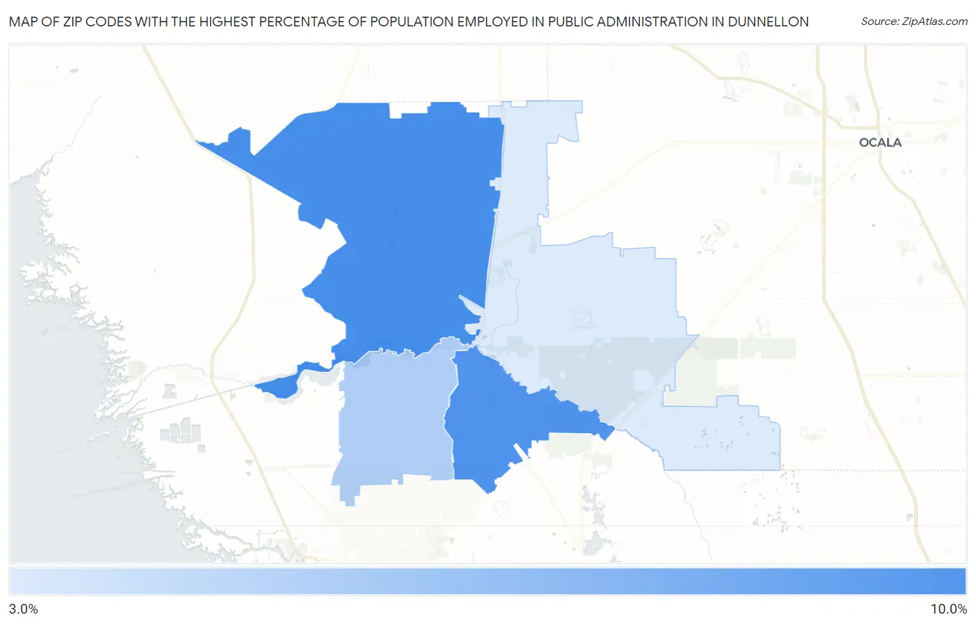 Zip Codes with the Highest Percentage of Population Employed in Public Administration in Dunnellon Map