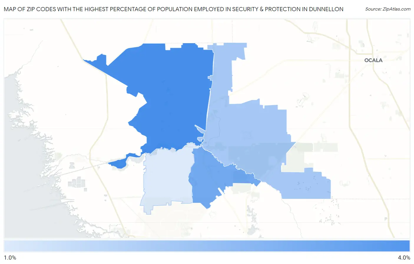 Zip Codes with the Highest Percentage of Population Employed in Security & Protection in Dunnellon Map