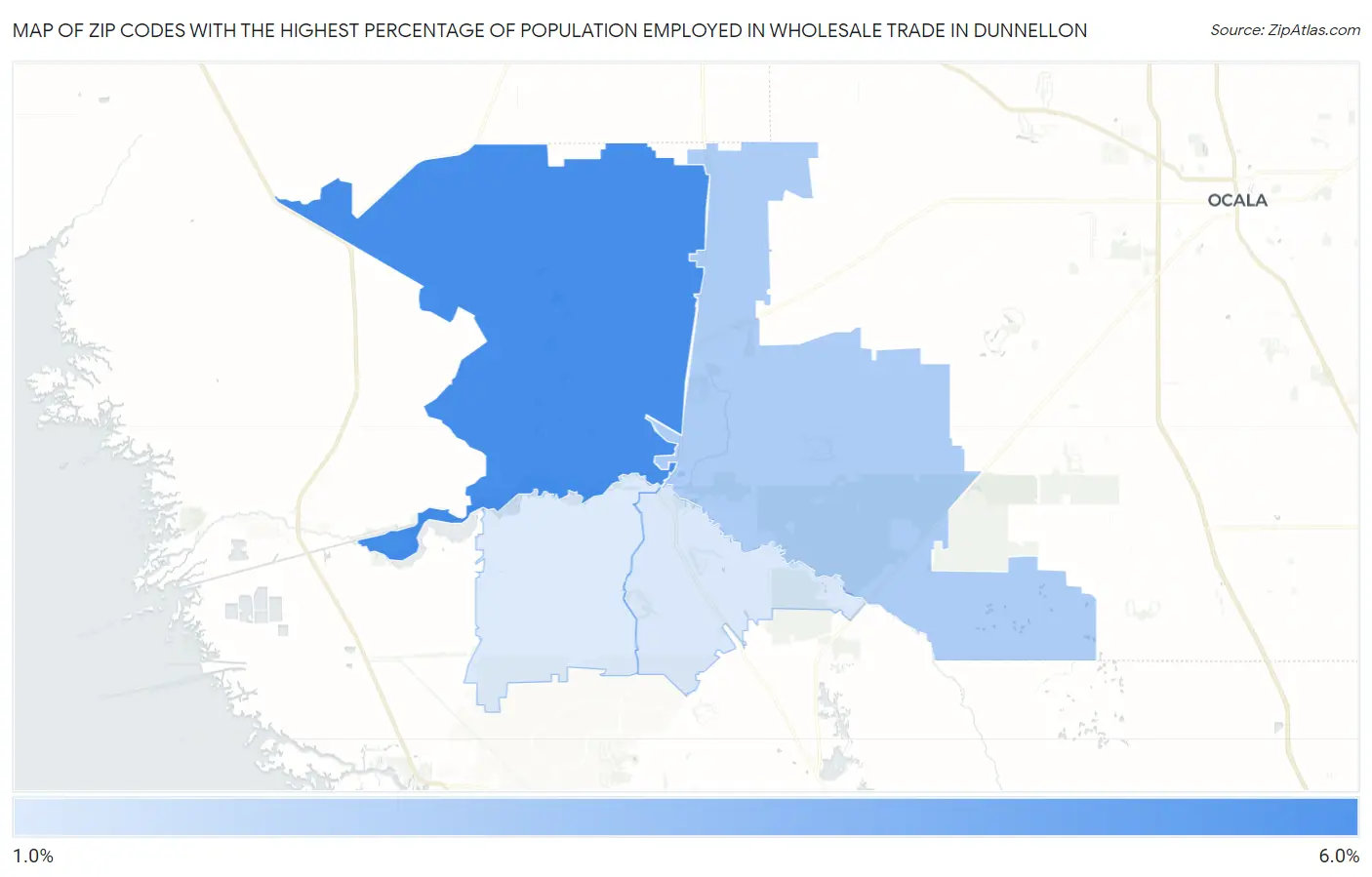 Zip Codes with the Highest Percentage of Population Employed in Wholesale Trade in Dunnellon Map