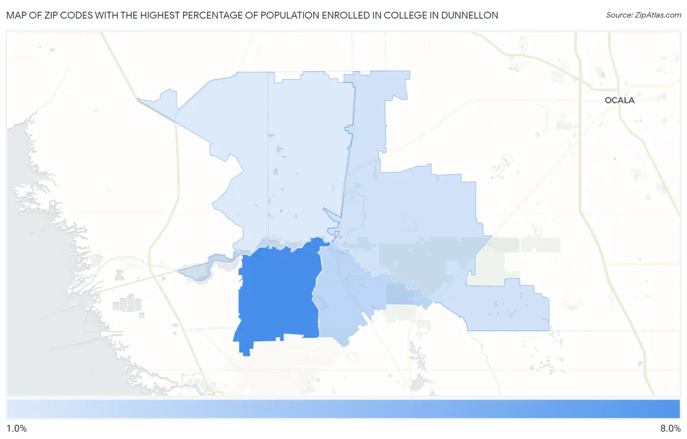 Zip Codes with the Highest Percentage of Population Enrolled in College in Dunnellon Map