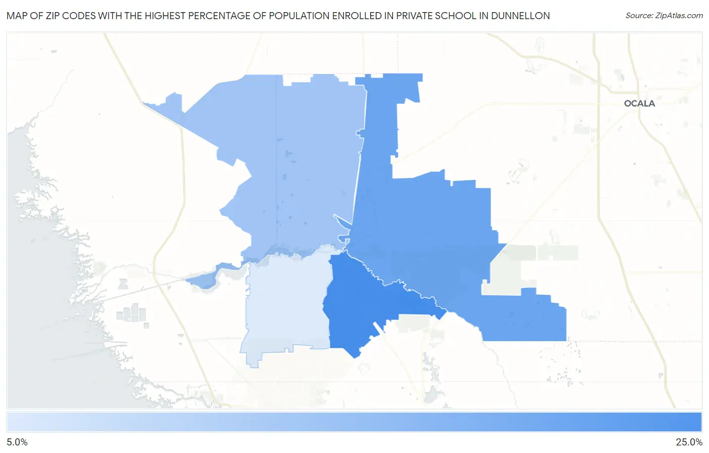 Zip Codes with the Highest Percentage of Population Enrolled in Private School in Dunnellon Map