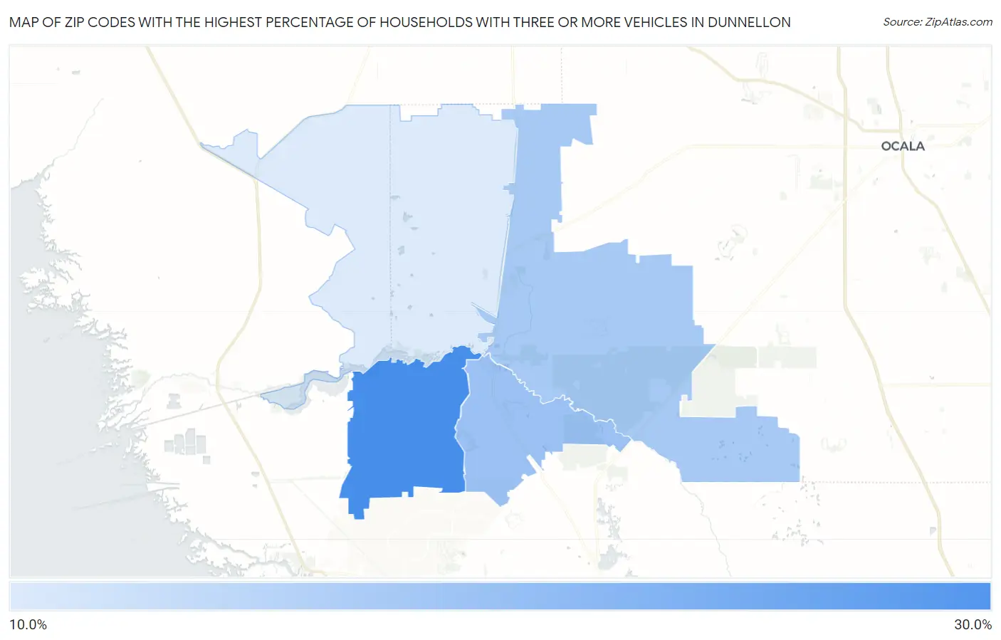 Zip Codes with the Highest Percentage of Households With Three or more Vehicles in Dunnellon Map
