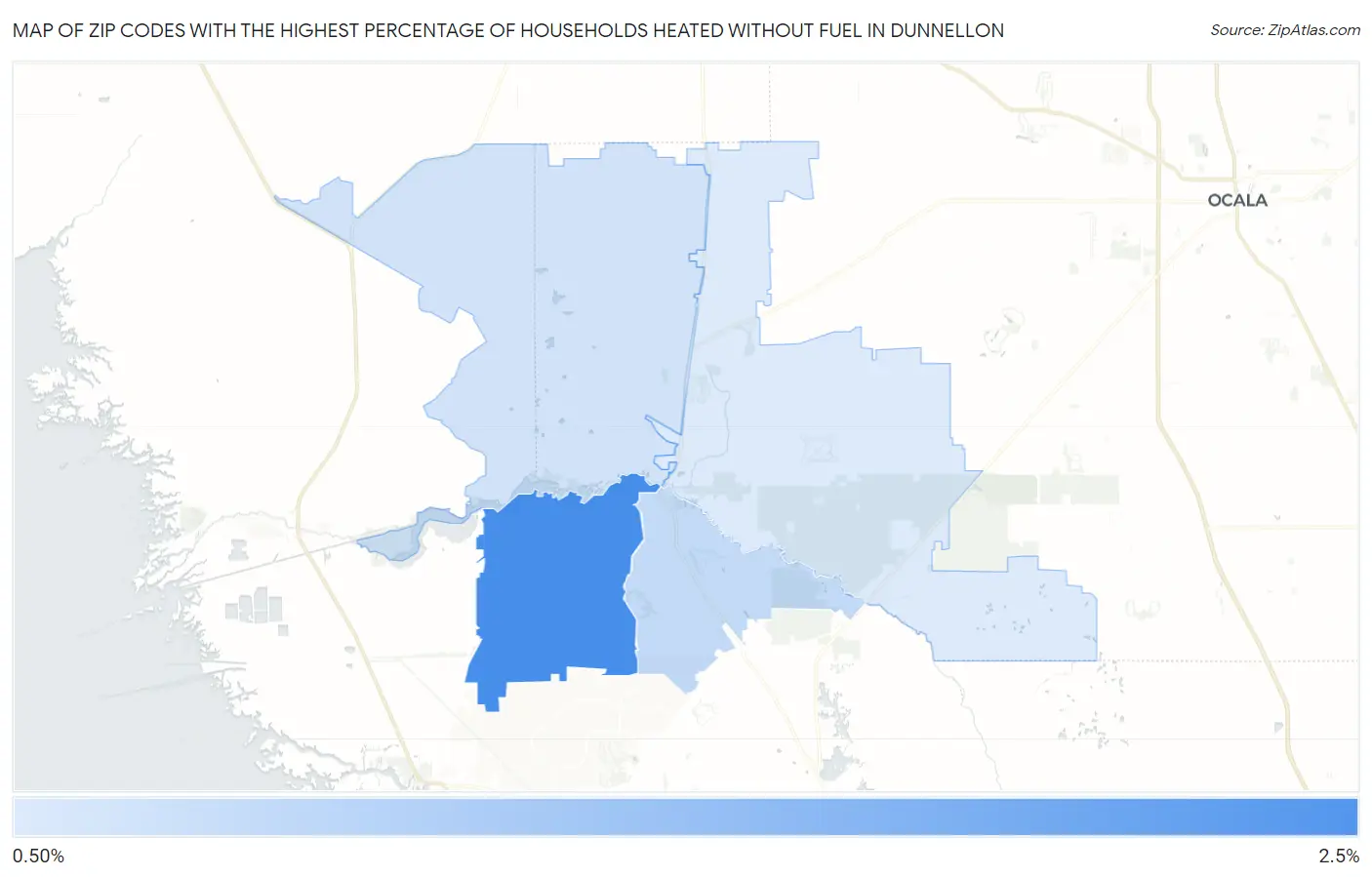 Zip Codes with the Highest Percentage of Households Heated without Fuel in Dunnellon Map
