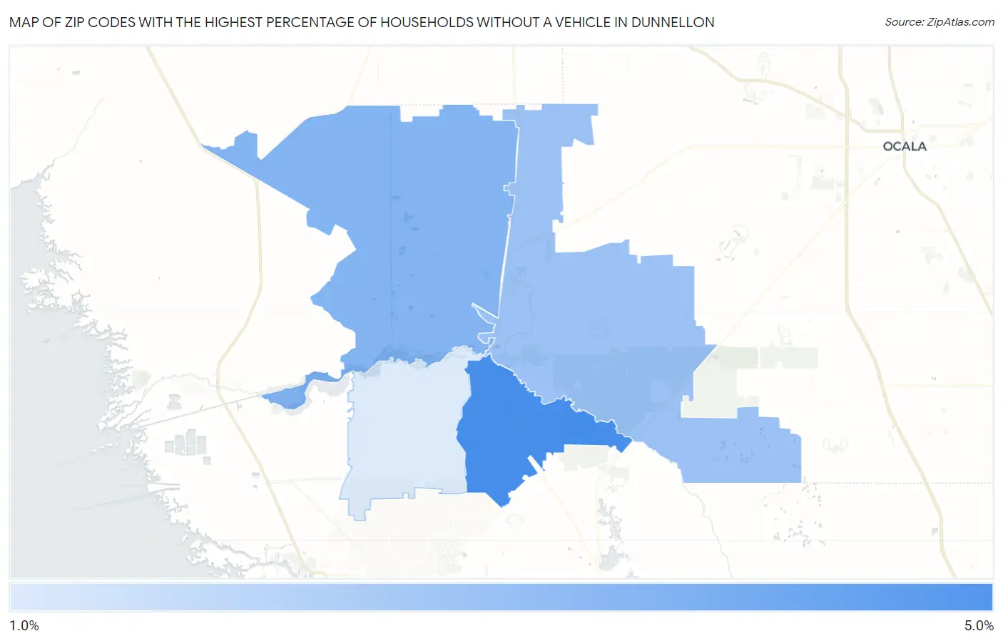 Zip Codes with the Highest Percentage of Households Without a Vehicle in Dunnellon Map