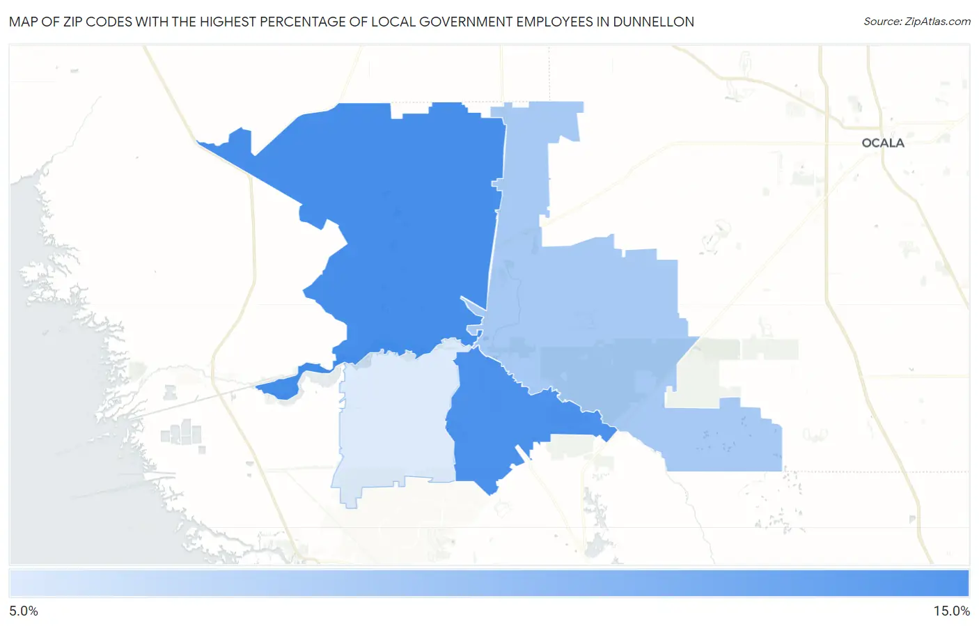 Zip Codes with the Highest Percentage of Local Government Employees in Dunnellon Map