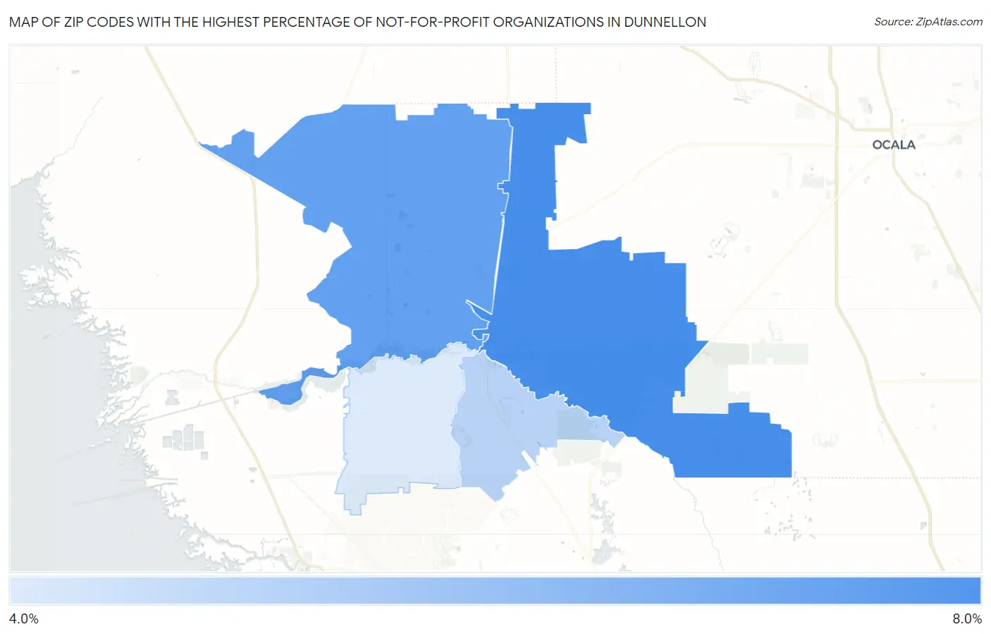 Zip Codes with the Highest Percentage of Not-for-profit Organizations in Dunnellon Map