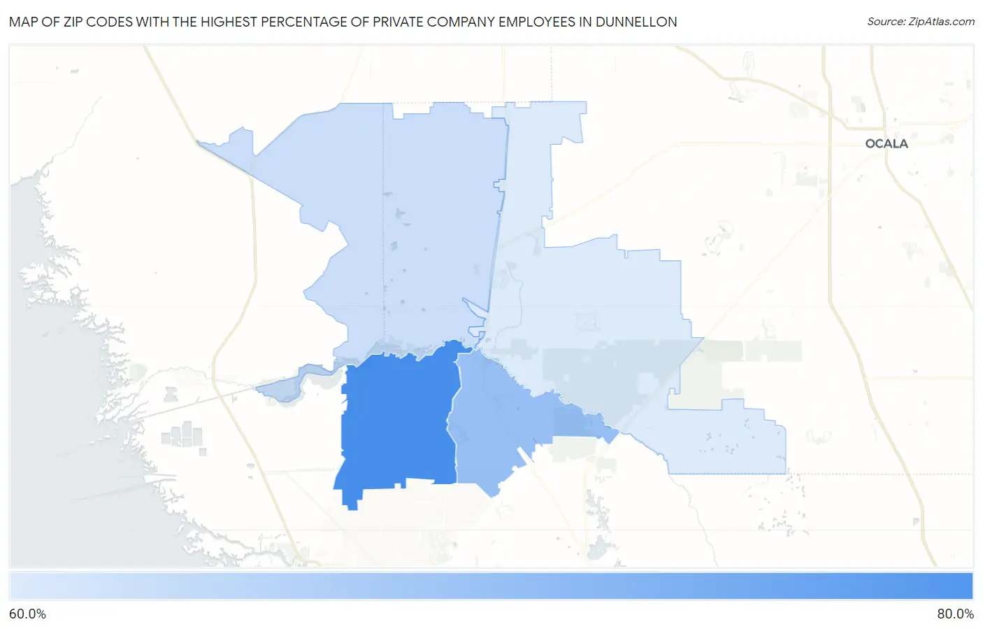 Zip Codes with the Highest Percentage of Private Company Employees in Dunnellon Map