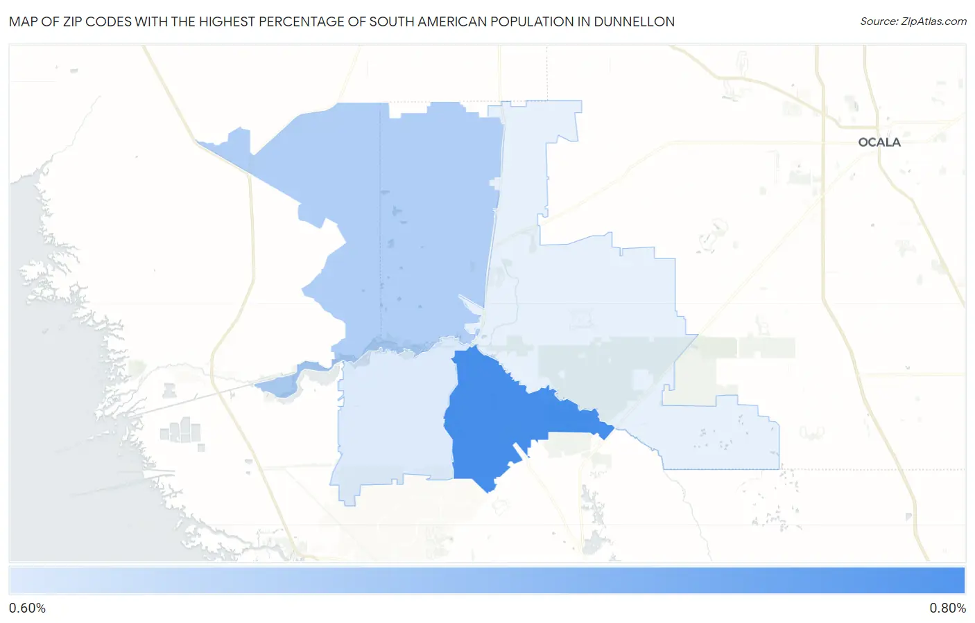 Zip Codes with the Highest Percentage of South American Population in Dunnellon Map