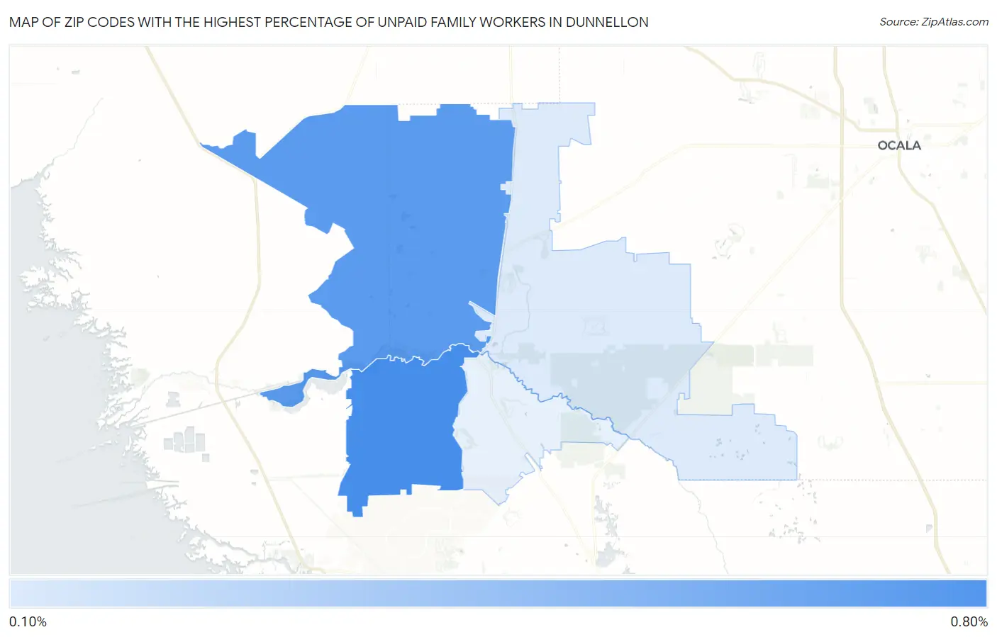 Zip Codes with the Highest Percentage of Unpaid Family Workers in Dunnellon Map