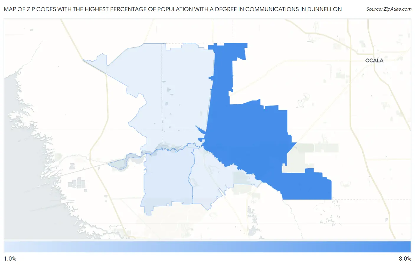 Zip Codes with the Highest Percentage of Population with a Degree in Communications in Dunnellon Map