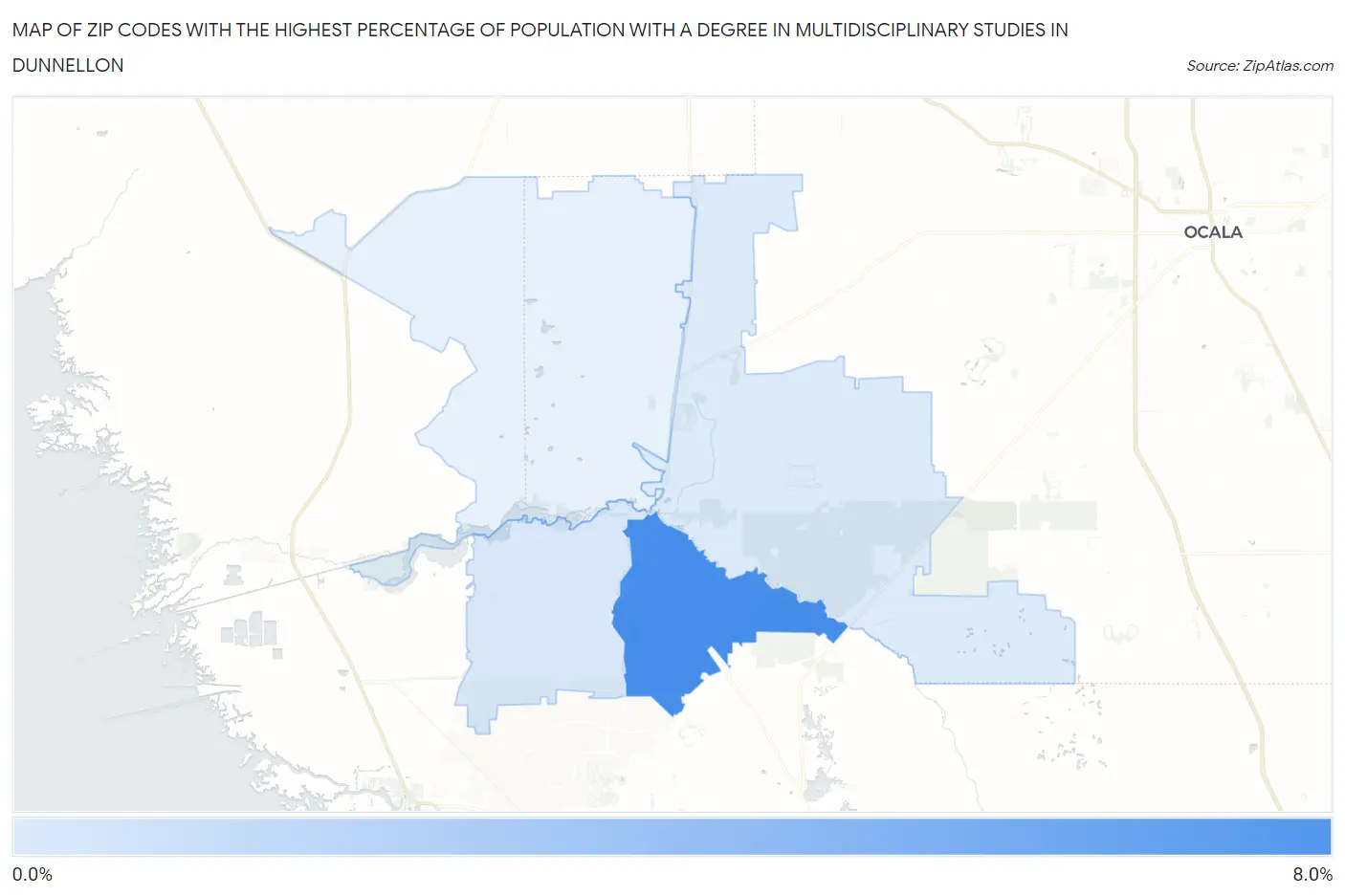 Zip Codes with the Highest Percentage of Population with a Degree in Multidisciplinary Studies in Dunnellon Map