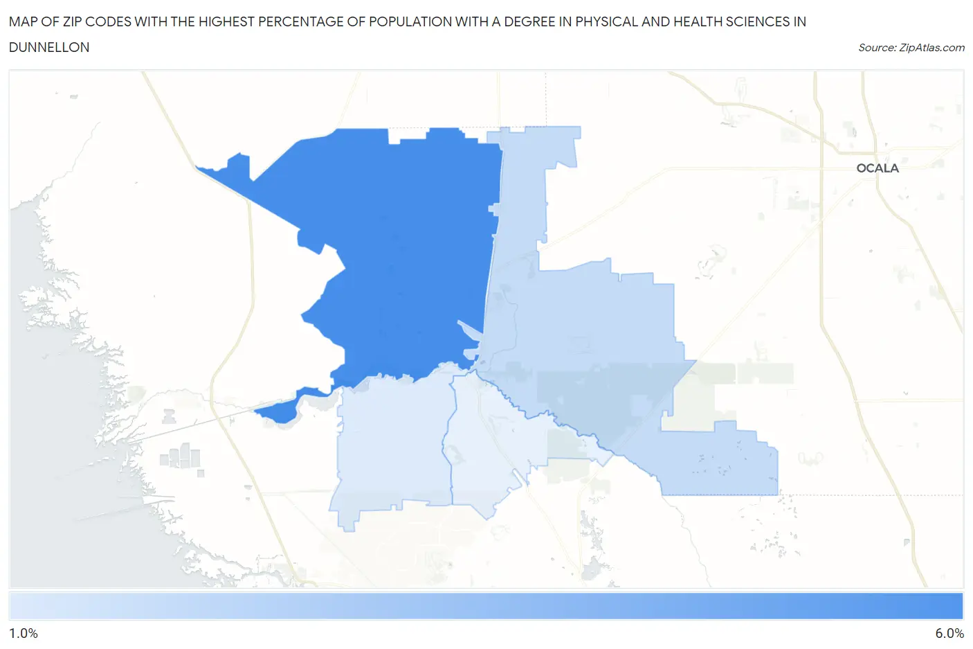 Zip Codes with the Highest Percentage of Population with a Degree in Physical and Health Sciences in Dunnellon Map