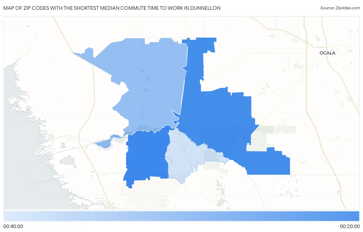 Zip Codes with the Shortest Median Commute Time to Work in Dunnellon Map