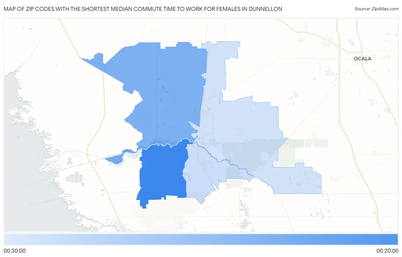 Zip Codes with the Shortest Median Commute Time to Work for Females in Dunnellon Map