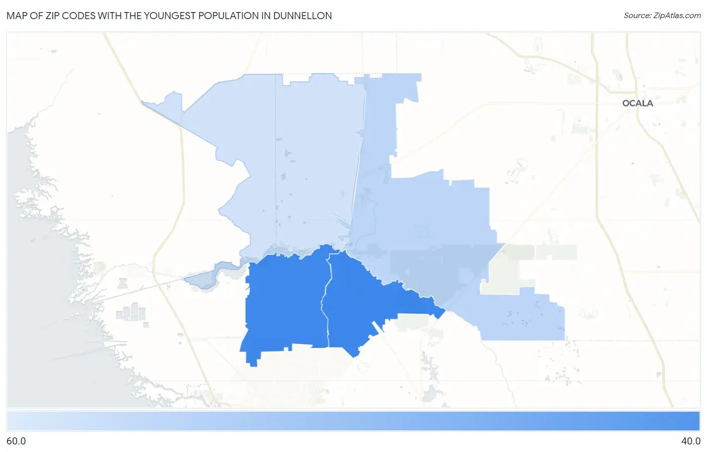 Zip Codes with the Youngest Population in Dunnellon Map